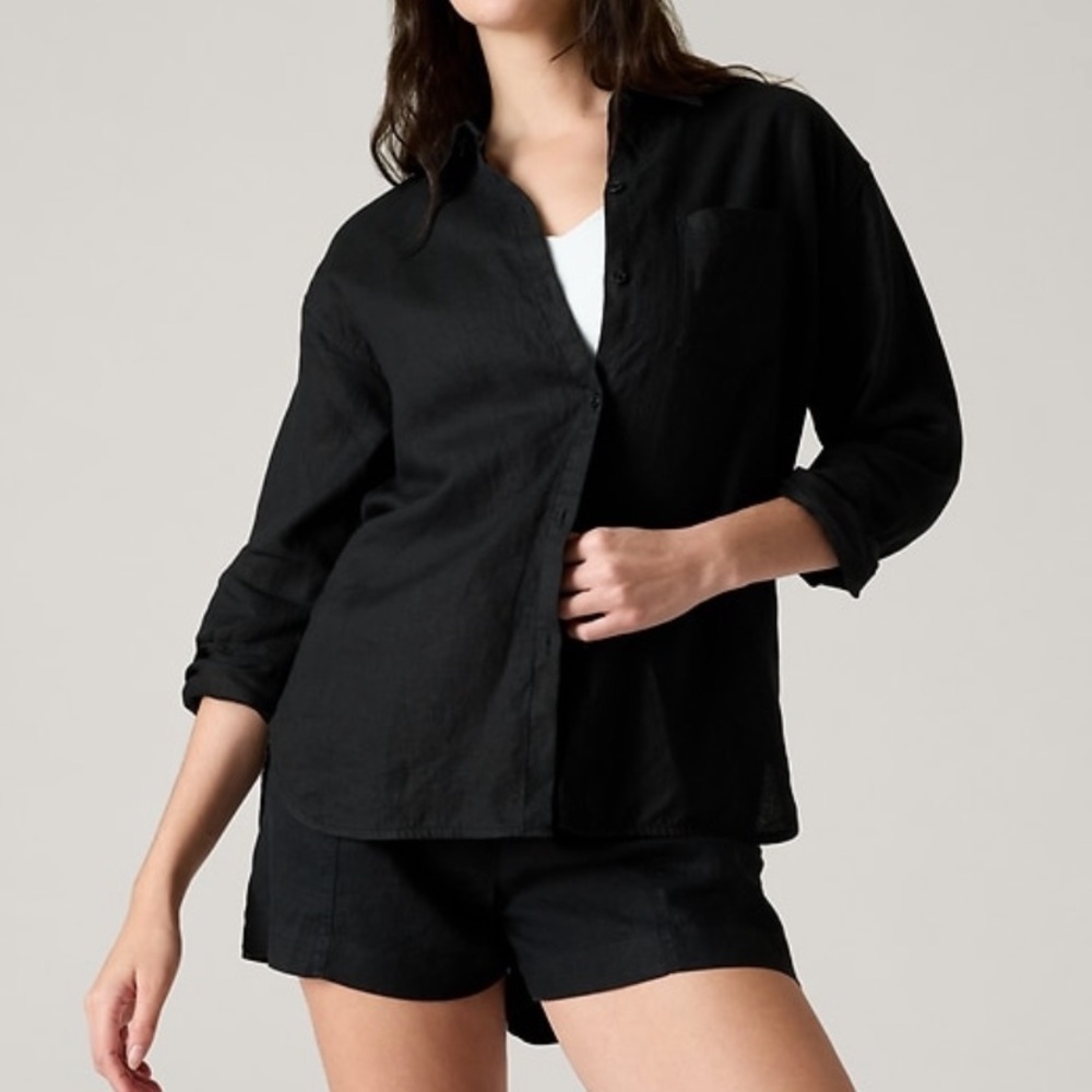 Athleta Retreat Linen Button Up Shirt Top Sz L